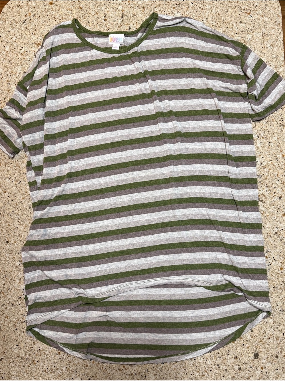 LuLaRoe Olive & Gray Striped Short Sleeve Crew Tee